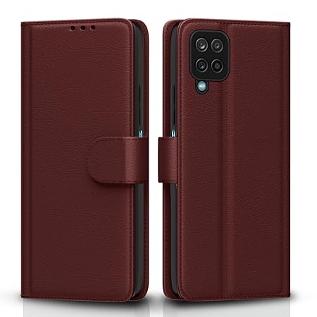 Pikkme Flip Cover Leather Finish | Inside TPU with Card Pockets | Wallet Stand and Shock Proof | Complete Protection Flip Case for Samsung Galaxy M12 / F12 / A12(Brown)